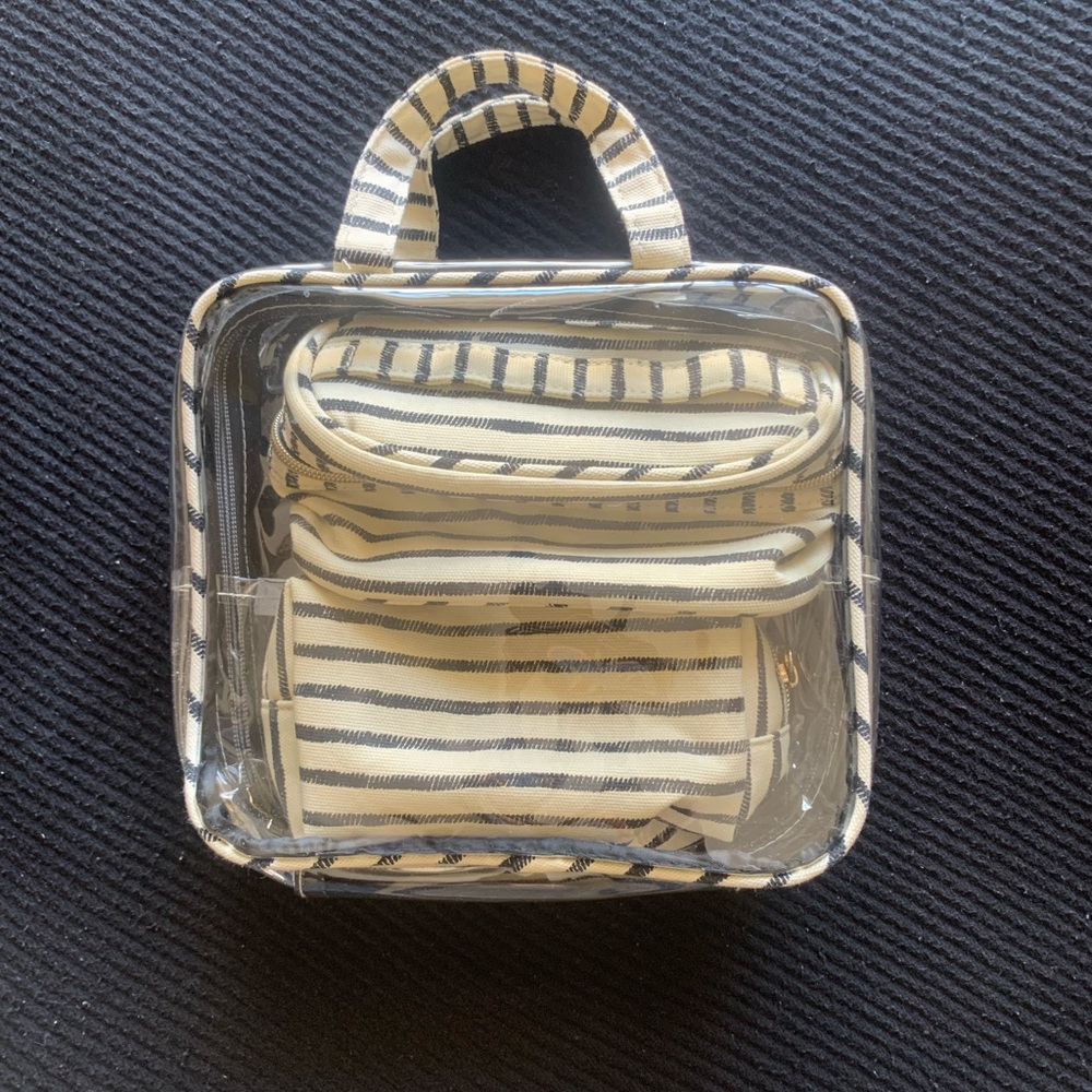 Striped Clear Cosmetic Tote with Nested Pouches - Navy and Cream